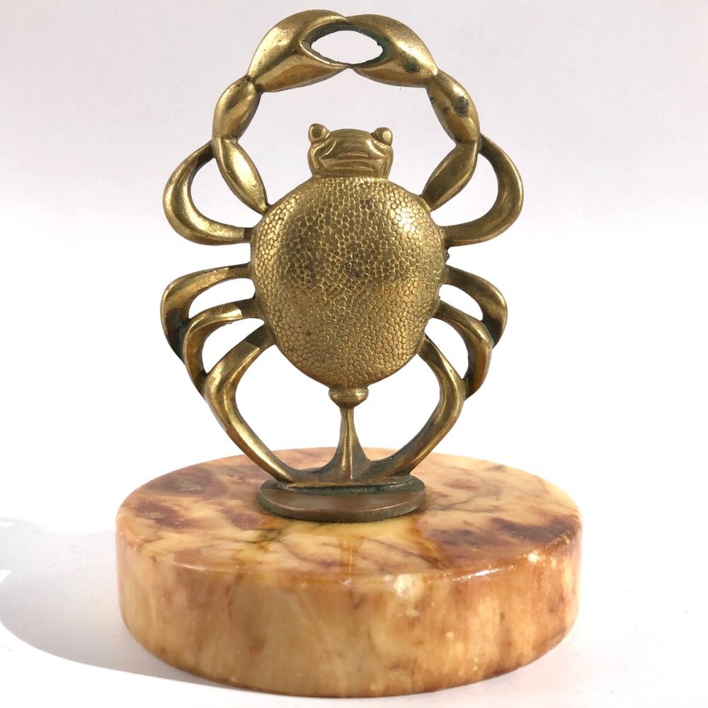 brass crab statue on marble nautical ocean astrological cancer vintage sculpture - Picture 2 of 13